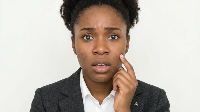 A Black woman in a business suit, struggling with skin problems and acne, looks at the camera.
