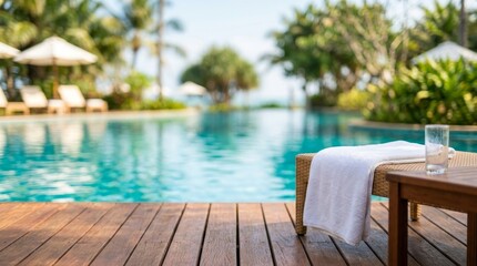 Fototapeta premium Luxury swimming pool with tropical garden and relaxing outdoor setting.