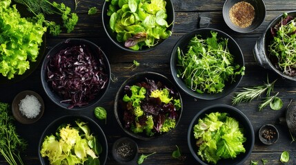 Obraz premium Fresh and Vibrant Assortment of Colorful Leafy Greens and Herbs Displayed in Dark Bowls on Rustic Wooden Table for Healthy Eating Concepts