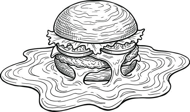 Hand drawn burger illustration with dripping melted liquid cheese puddle puddle element for fast food restaurant menu design