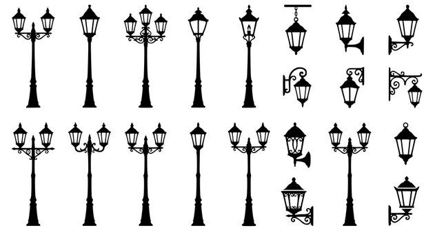 Set of Vintage Street Lamp Silhouette Icons Black Lamp Post and Wall Lantern Collection Isolated on White Background Vector Illustration