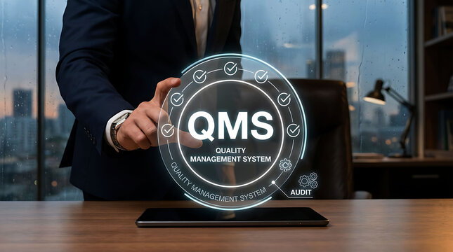 Businessman pointing at QMS quality management system icon on tablet screen