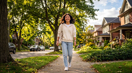 Fototapeta premium Radiant Young Girl Strolling Along a Leafy Suburban Neighborhood Sidewalk in Casual Attire