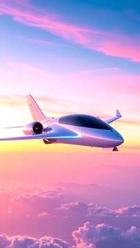 Futuristic aircraft soaring through sunset sky.