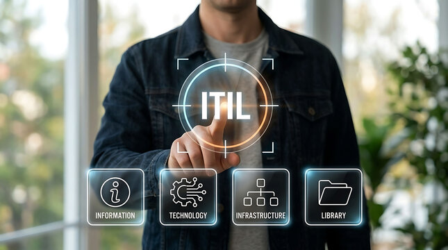 ITIL concept with business person touching virtual screen infrastructure
