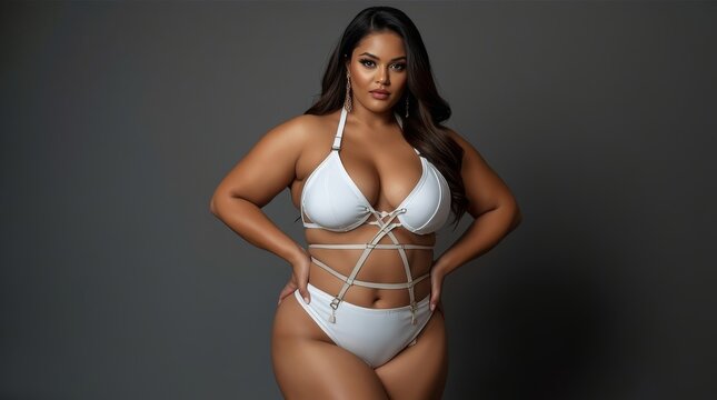 Confident Plus Size Model in Stylish White Strappy Bikini Posing Against Studio Gray Background