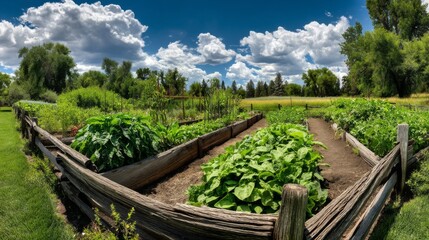 Naklejka premium Lush Vegetable Garden Surrounded by Vibrant Greenery and Majestic Blue Sky with Fluffy White Clouds in a Peaceful Rural Setting