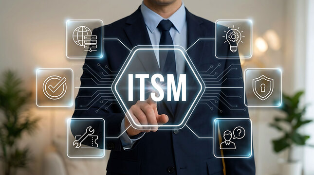 Businessman touching virtual ITSM screen for IT service management