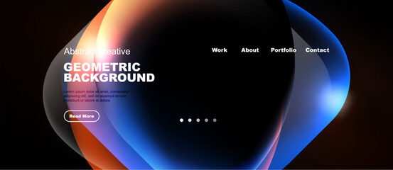 Fototapeta premium Modern website design features vibrant overlapping shapes. Dark background highlights colorful fluid elements, text, navigation options.