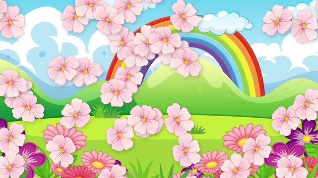 Cartoon Landscape with Falling Pink Flowers and Vibrant Rainbow Background