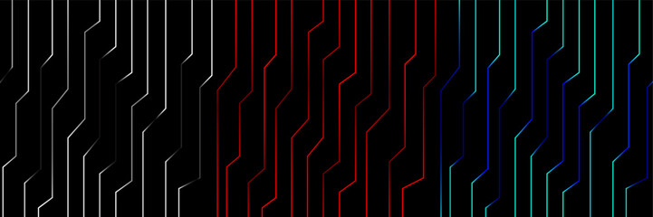 Futuristic abstract background featuring an array of glowing, angular lines in a striking black, red, blue, and white gradient, symbolizing data flow and technology. © JustPrint