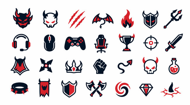 Collection of Red and Black Gaming and Fantasy Icons.