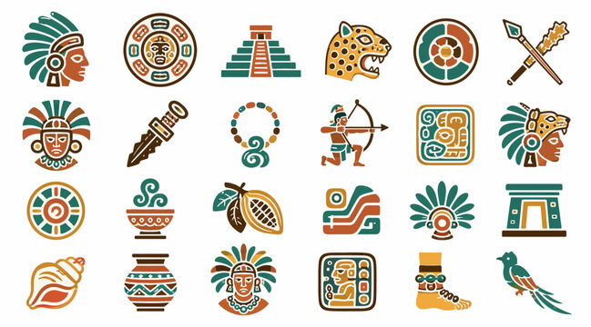 Colorful Aztec and Mayan Symbols and Icons Collection.