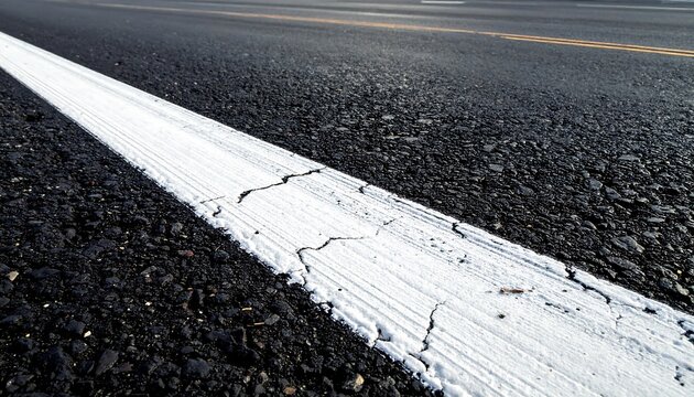 Cracked White Road Line Stretching Across Dark Asphalt Highway Surface