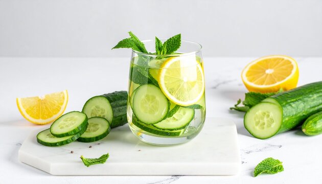 Refreshing detox water with cucumber lemon and mint leaves