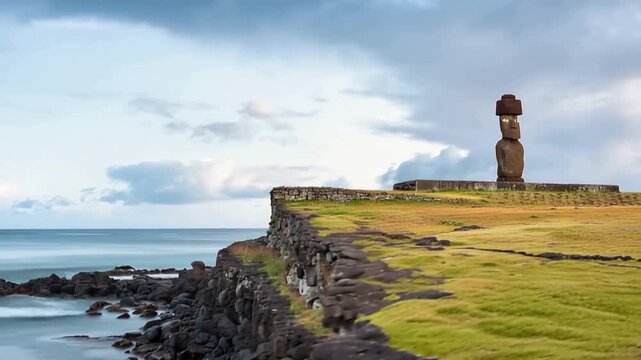 Easter Island, Moais Tahai Archaeological Complex, Rapa Nui National Park, Chile. Night video.