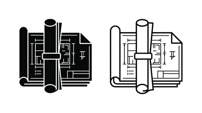 Rolled blueprints with measuring tools black line silhouette illustration