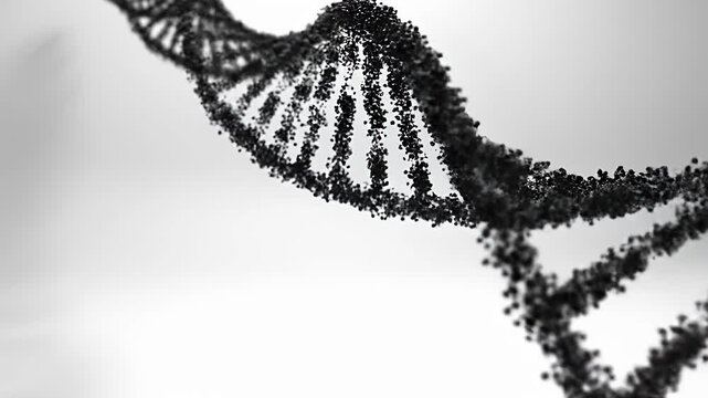 Black DNA helix dissolving into particles on white.