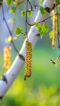 Fresh Green Birch Catkin Hanging on Branch in Sunlit Spring Garden