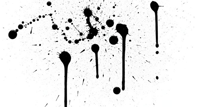 Black ink splatter dripping on a white background with artistic texture