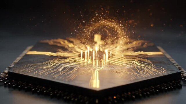 AI technology microchip circuit board futuristic digital processor data network innovation abstract electronic system golden semiconductor chip with glowing circuit lines and dark background