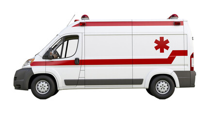 White ambulance with red stripes and star of life emblem, isolated on transparent background © LUXSTORY