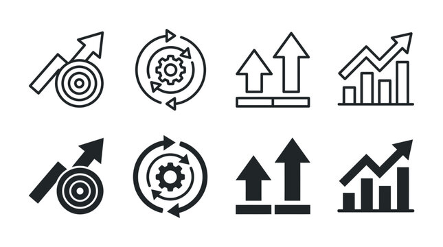Business growth and performance analysis icons set with targets optimization upward trends and bar charts business