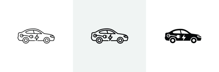 Fototapeta premium Electric sedan car icons with lightning bolt and plug charging symbols.