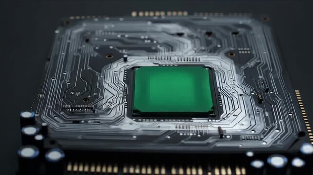 Microchip circuit board semiconductor processor ai technology closeup dark background electronic component computer hardware digital system printed circuit board integrated circuit green chip