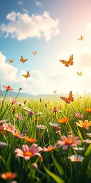 Animated grassland with blooming flowers and fluttering butterflies, animation, illustration