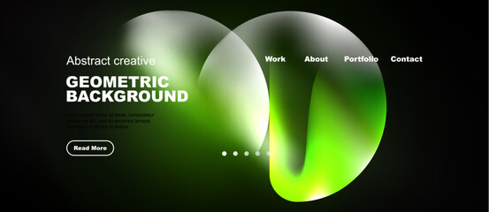 Naklejka premium Dark website mockup features fluid shapes, green gradients, text elements. Navigation includes work, about, portfolio, contact options.