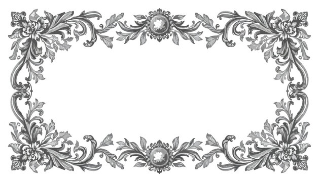 Vintage Renaissance decorative horizontal frame with symmetrical acanthus leaves and baroque scrollwork elements. Ornate antique border vector illustration in monochrome style.