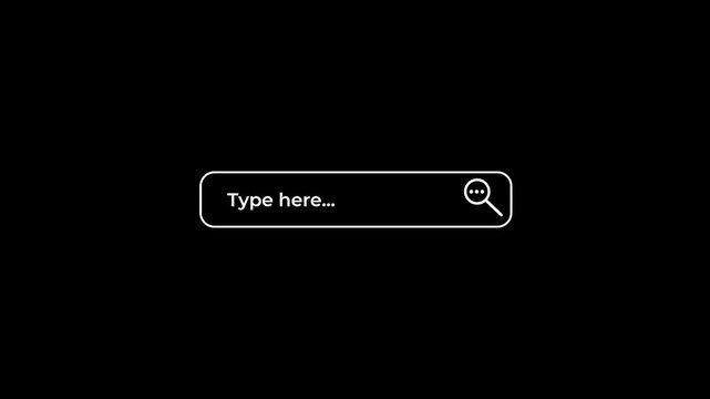 animated search icon moving across search bar with type here typing text ui animation on transparent background.