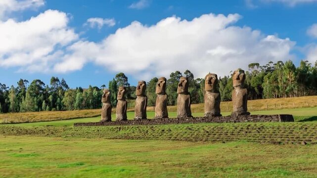 Seven Ahu Akivi Moai, which are the only Moai to face the sea. Easter Island.
