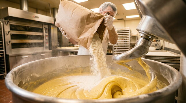 Bakery worker pouring flour into industrial dough mixer in commercial kitchen environment, illustrating food preparation process.