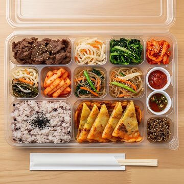 Colorful Korean Lunchbox Arranged with Rice Bulgogi and Side Dishes on Wooden Table