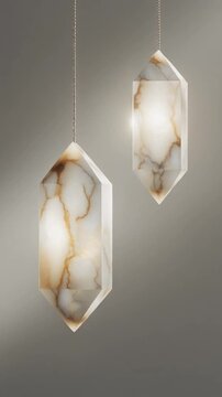 Translucent alabaster prisms float in minimalist ivory space with soft sunlight, subtle internal glow and moving shadows, creating refined luxury architectural branding background.