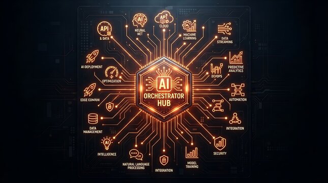 Digital ai orchestrator hub with connected icons depicting data management machine learning cloud computing automation and security in a futuristic tech style
