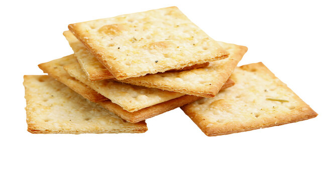 Stack of golden square crackers with visible seasoning, isolated on transparent background