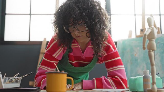 Woman artist leans over table painting with brush and wearing an apron in a studio; concentration creativity.