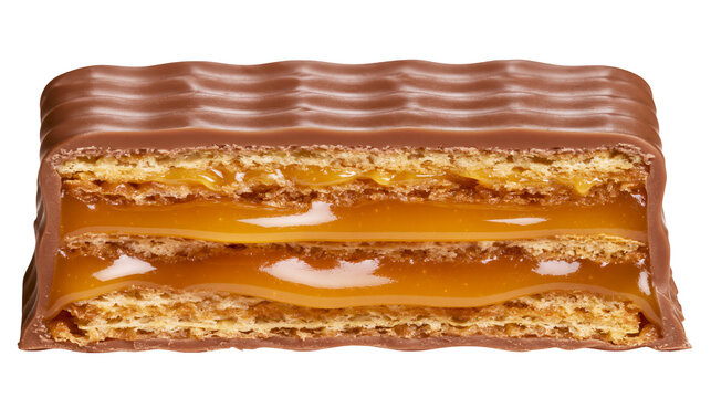 Chocolate bar with caramel filling and wafer layers, isolated on transparent background