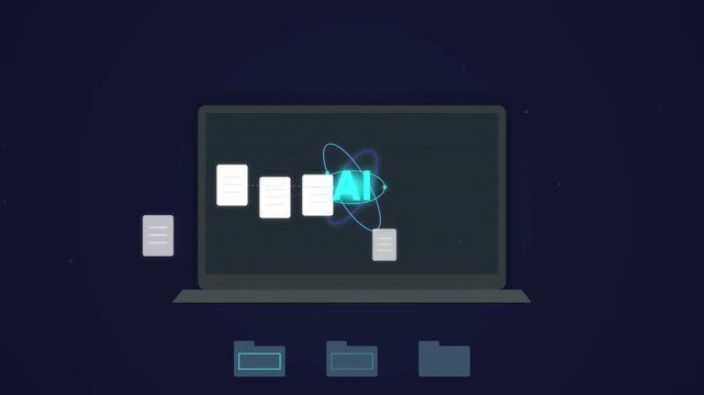 Artificial intelligence laptop automation system processing digital document data workflow. Virtual software sorting corporate file into folder for modern business efficiency loop animation.