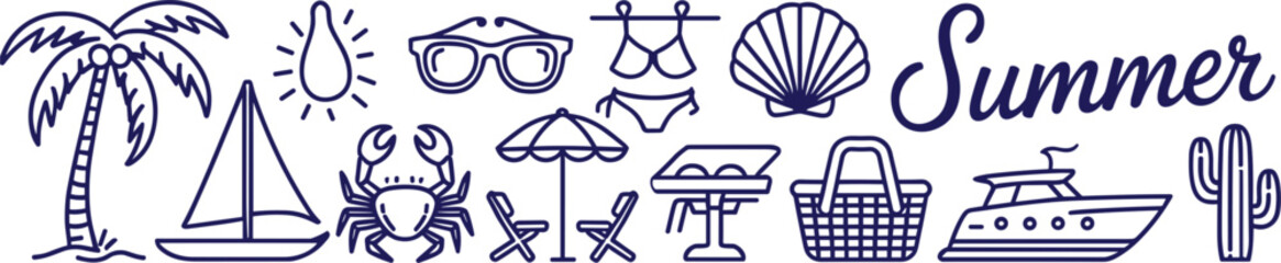 Linear summer header graphic featuring holiday typography alongside palm tree yacht crab bikini and outdoor resort leisure symbols © Afroja