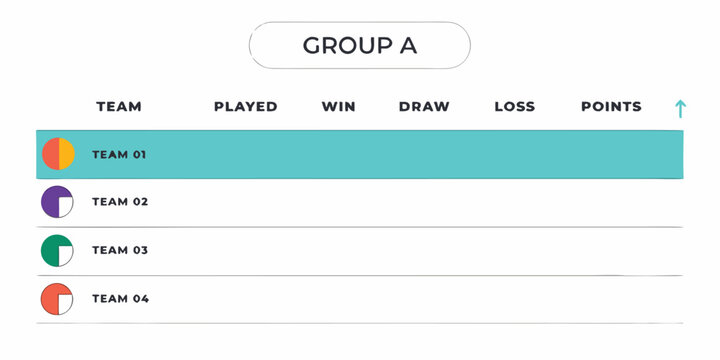 Clean flat vector infographic template for a sports tournament group standings table with four teams