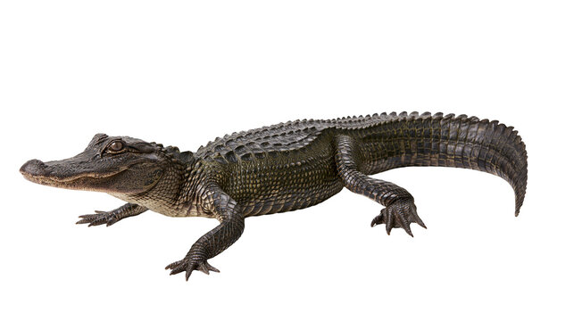 Dark green alligator with scaly textured skin, isolated on transparent background