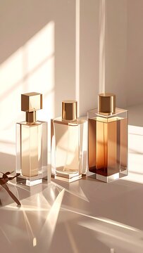 Perfume bottles with golden lids arranged.