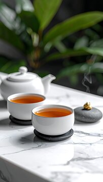 Tea cups on marble table outdoors.