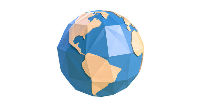 Low poly geometric globe with blue oceans and tan continents, isolated on transparent background