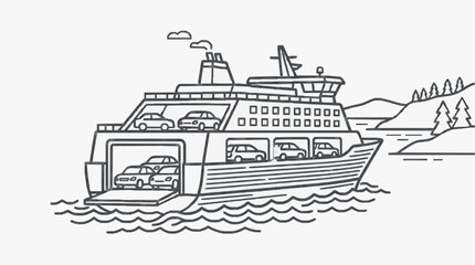 Obraz premium Elegant Black and White Line Drawing of Ferry Carrying Multiple Vehicles Across Water with Mountain
