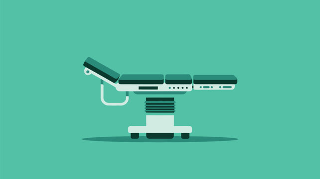 Surgical table for medical procedures stands isolated on a solid green background in a flat vector style.